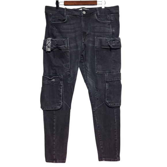 Zara Other - Zara Men's 36x27 Black Distressed Cargo Denim Jeans Bandana Tapered Pockets
